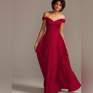 David’s Bridal: off-shoulder satin a-line bridesmaid dress